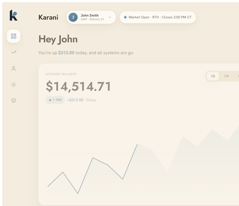 The Karani dashboard on mobile showing account balance and the day&rsquo;s trade stats